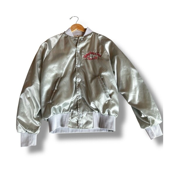 Vintage Karington Satin Bomber Jacket Silver USA Humphreys Sawmill Medium - Picture 16 of 16